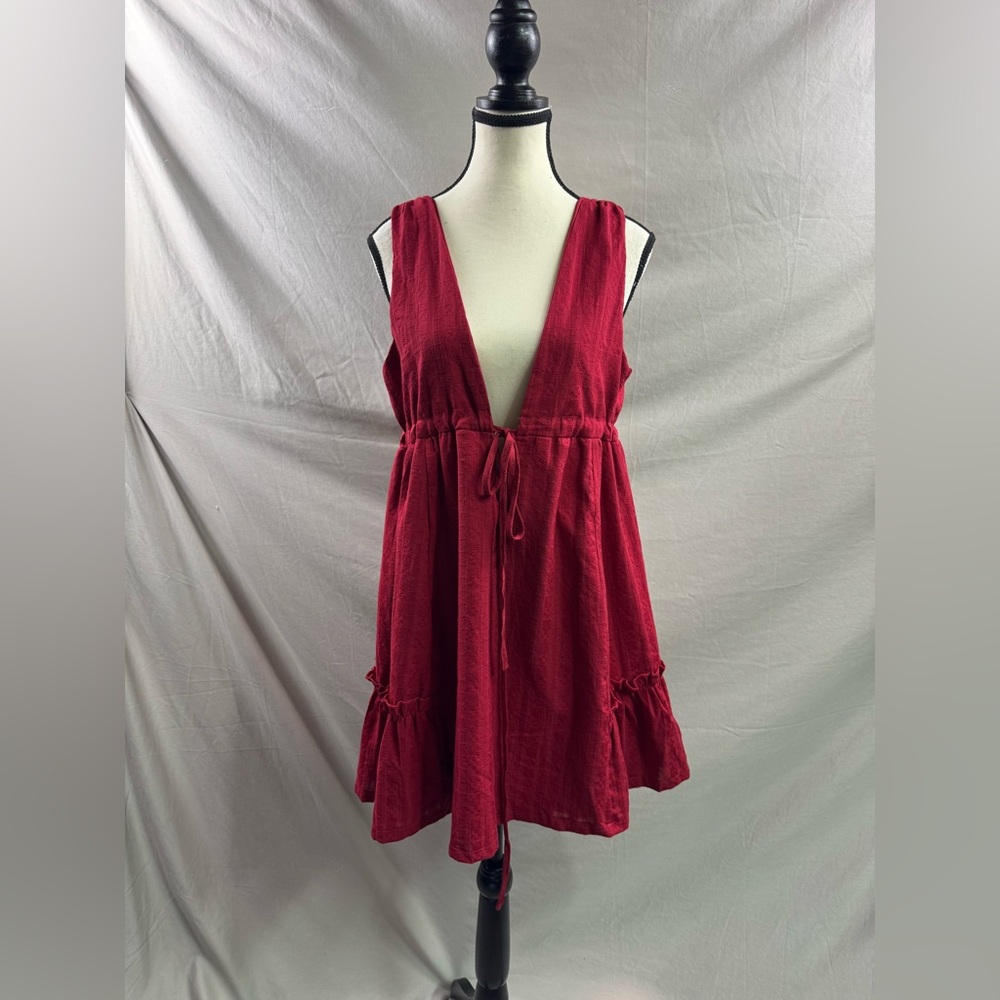 Ethereal 100% Cotton Deep V-Neck Babydoll Mini Dress Red - Picture 7 of 8